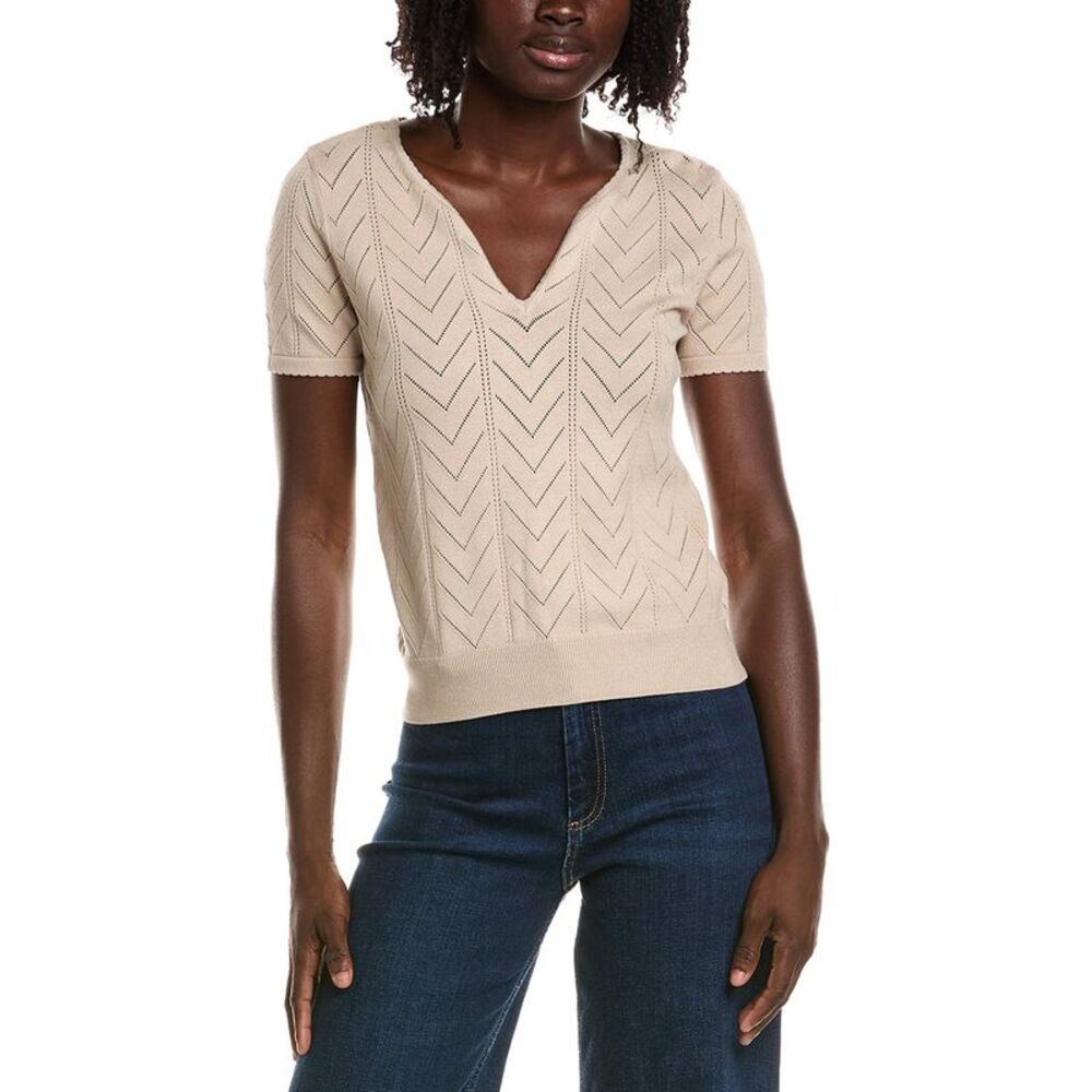 T Tahari Womens Split Neck Collar Pointelle Sweater, Brown